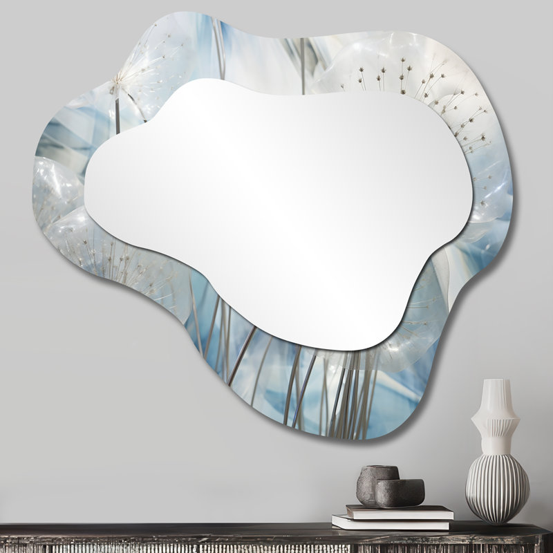 Sparkling Silver Dandelion Dreams I - miroir mural de forme unique pissenlit, miroir décoratif traditionnel de forme libre, impression d'art en métal