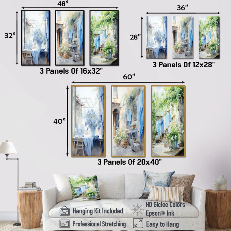Ensemble de 3 impressions murales en Wash Wash Blues In France I - Laundry, Cadre flottant blanc, H 40 po x l 60 po
