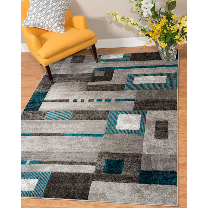 Tapis de couloir gris / bleu turquoise, 5 pi 3 po x 7 pi 2 po
