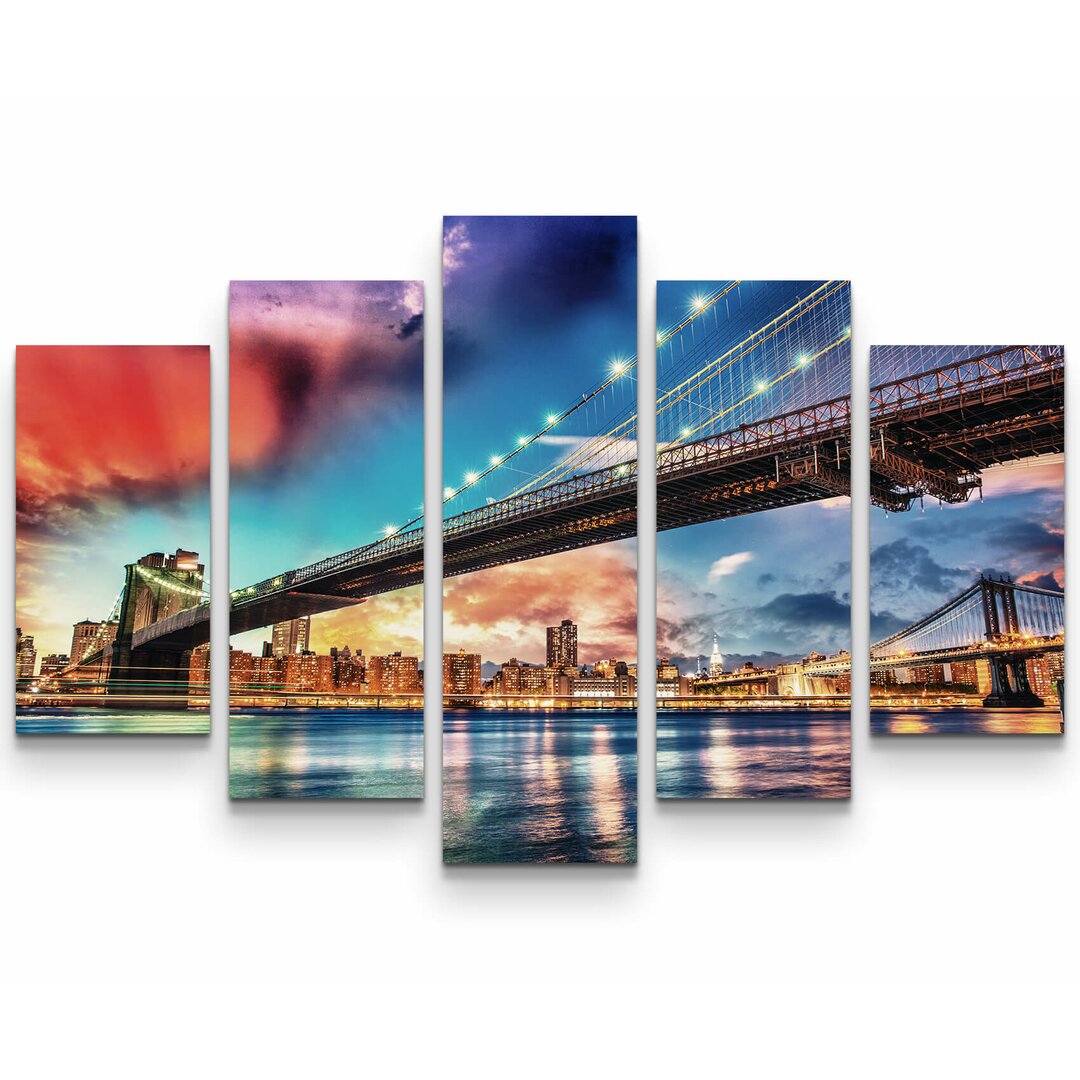 5-tlg. Leinwandbilder-Set Brooklyn und Manhattan Bridge bei Sonnenuntergang