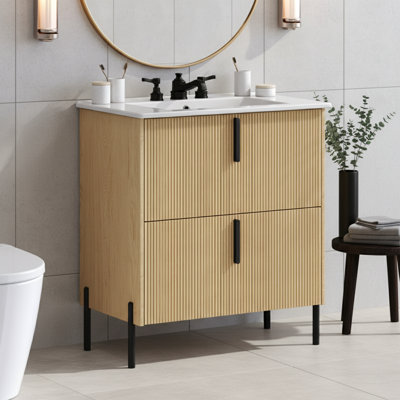 30 Inch Wide Single Bathroom Vanity with Integrated Ceramic Sink and Soft Close Drawers Natural