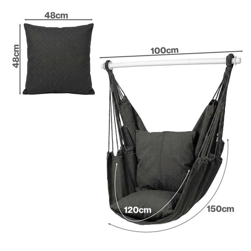 Hammock Hanging Swing Chair with 2 Cushions, Cotton Canvas Hammock Seat Equipped with Metal Bar & Hanging Kit, 150kg Load Capacity, Indoor Outdoor Chair for Garden Bedroom Balcony Patio