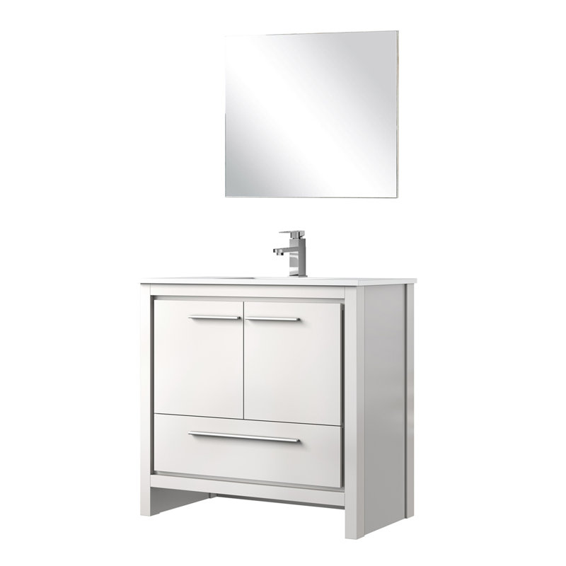36 po L x P 20 po. Meuble-lavabo blanc avec surface en marbre, robinet et miroir de 28 po