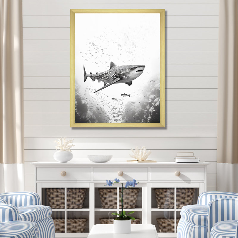 " Monochrome Grey Shark Dance I ", 44" H x 34" W x 1.5" D, Gold Single Picture Framed