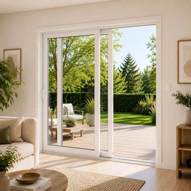 Porte coulissante extérieure en métal et plastique pour patio, modèle 8166 Blanc Soie 64 x 80, porte active à droite, porte coulissante en verre trempé transparent
