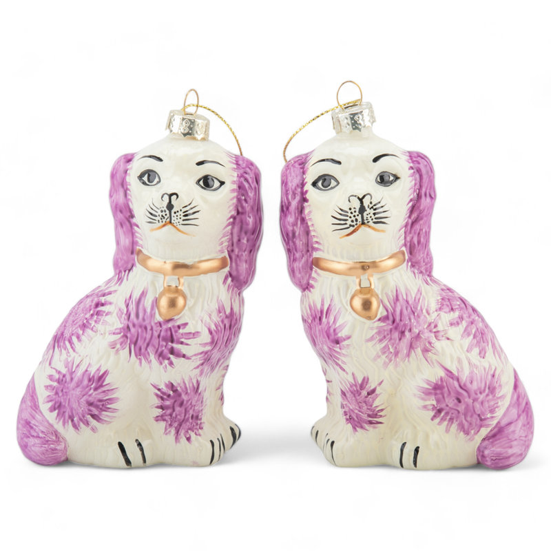 Pair of Pink Staffordshire Dogs Glass Ornament, Pink