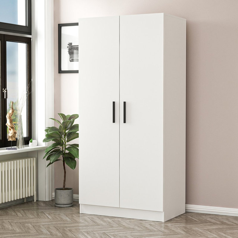 Garde-robe moderne blanc 100% mélamine, panneau de particules 35,4 po x 74,8 po x 20,5 po | Solution de rangement durable et élégante pour toute chambre à coucher | Conception élégante avec amplement d'espace pour les vêtements et les accessoires