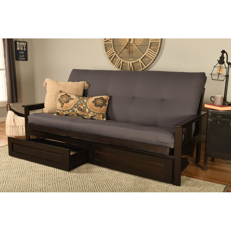 Stratford Full Futon Frame Includes Storage Drawers with Mattress, Espresso, Gray Polyester
