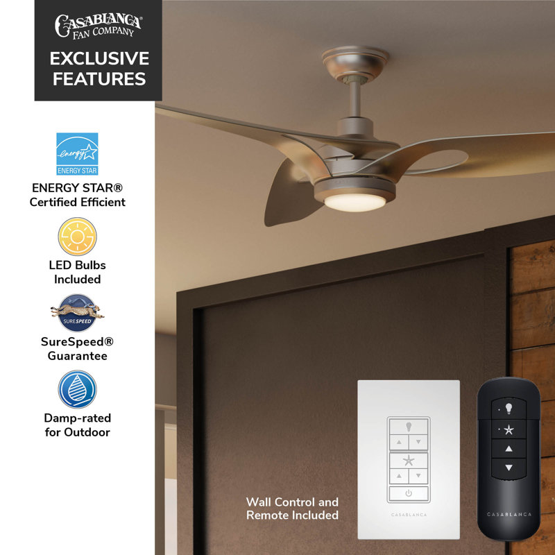 Casablanca 60 inch Inez ENERGY STAR® Damp Rated Ceiling Fan with Lights and Wall Control, Nickel