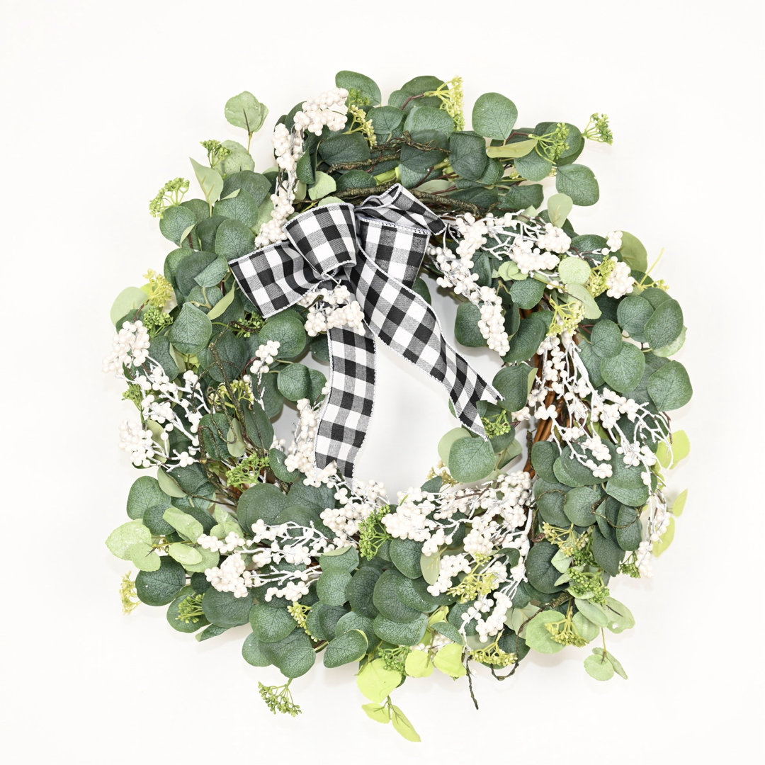 Plaid Bow Wreath 26" Faux Eucalyptus Berry Winter Christmas Wreath The Holiday Aisle® Wreath 