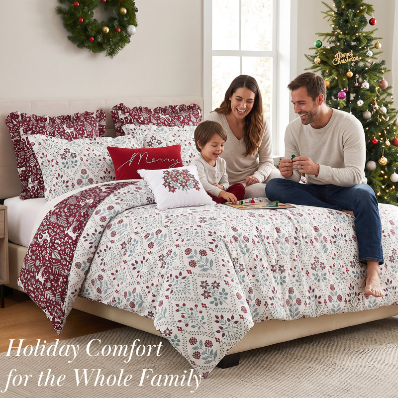 Parure de lit de Noël réversible surdimensionnée Southshore Fine Linens Holiday Harmony pour lit simple/simple XL, avec taies d'oreiller carrées et coussins décoratifs, 5 pièces, bordeaux