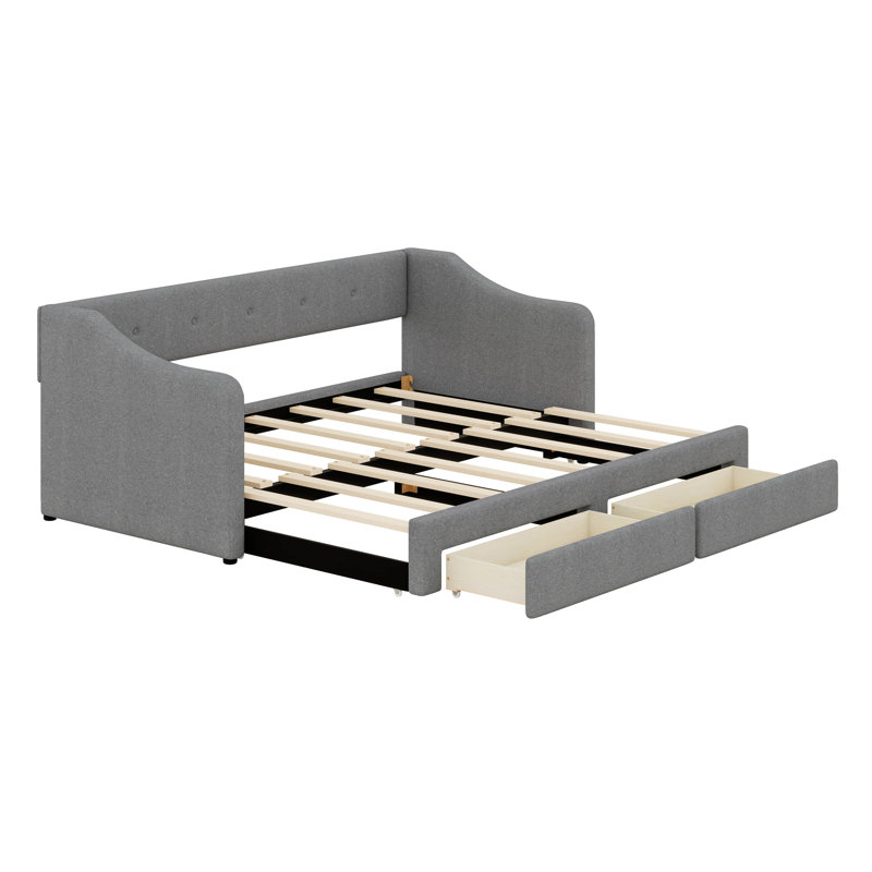 Twin XL To King Size Upholstered Daybed With Two Drawers, Linen Sofabed For Kids Adults Bedroom,No Box-Spring Needed, Gray