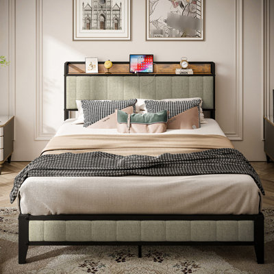 Grey Upholstered Headboard Full Size Metal Bed Frame With Power Supply, Long Cord Charging Station, Size, Grayish Orange