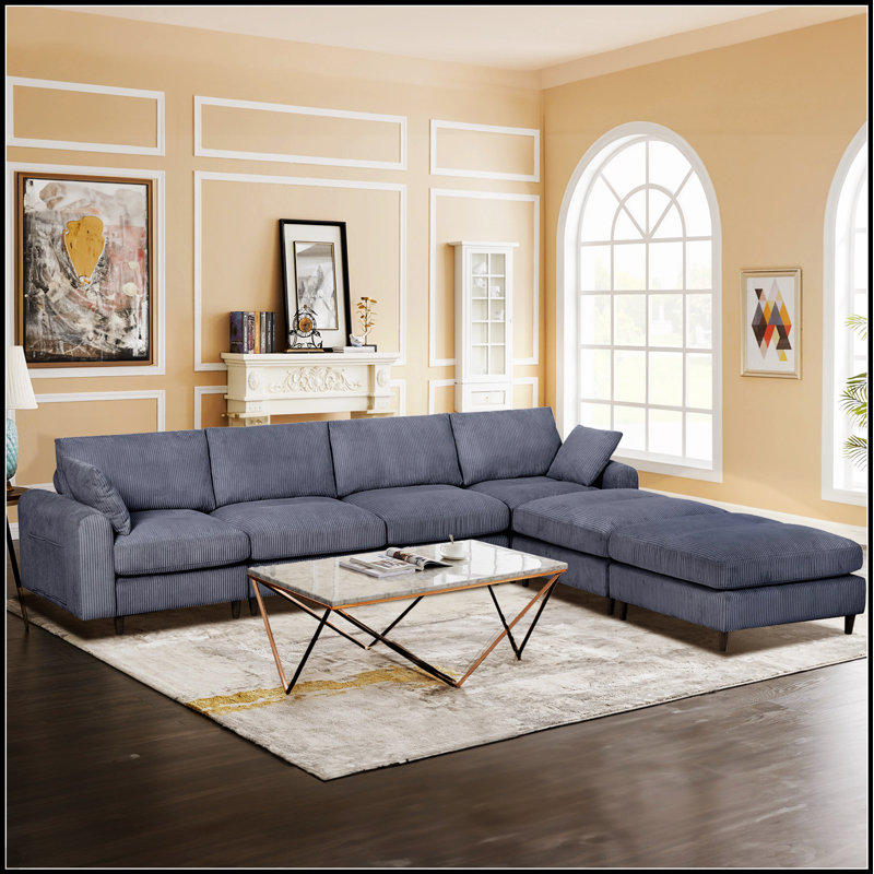 Canapé modulaire en U / en L avec repose-pieds et coussins surdimensionnés Modern, Velours côtelé gris