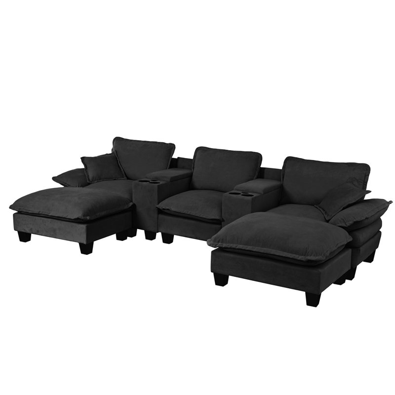 Canapé modulaire Cloud, canapé voilier en forme de U avec porte-gobelets et rangement, port USB, 2 repose-pieds et 2 coussins, chenille pour appartement et salon