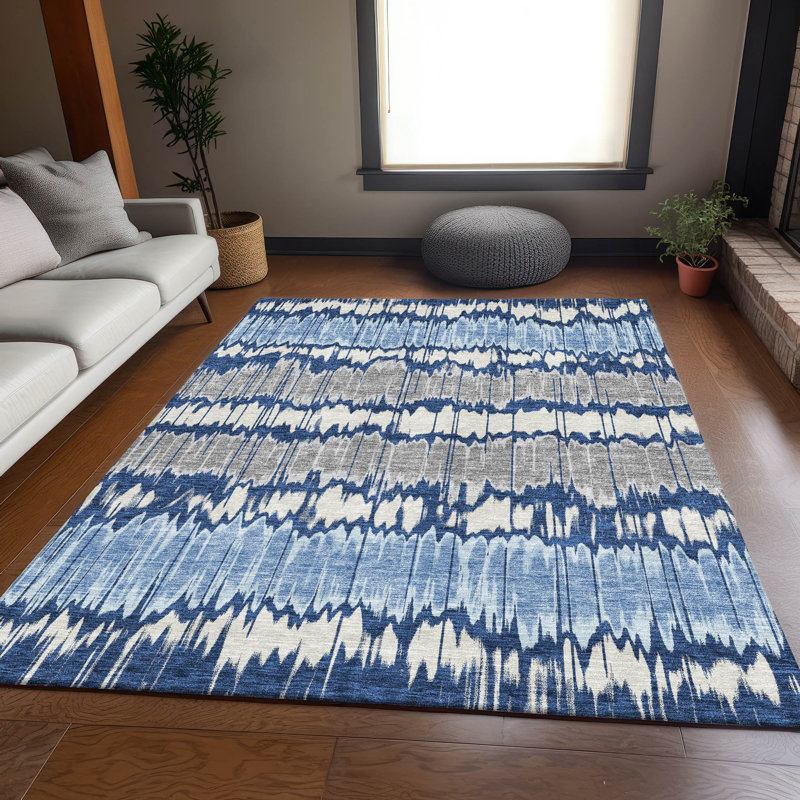 Tapis bleu marine en polyester tissé à la machine Lamanna, Rectangle 9 pi x 12 pi