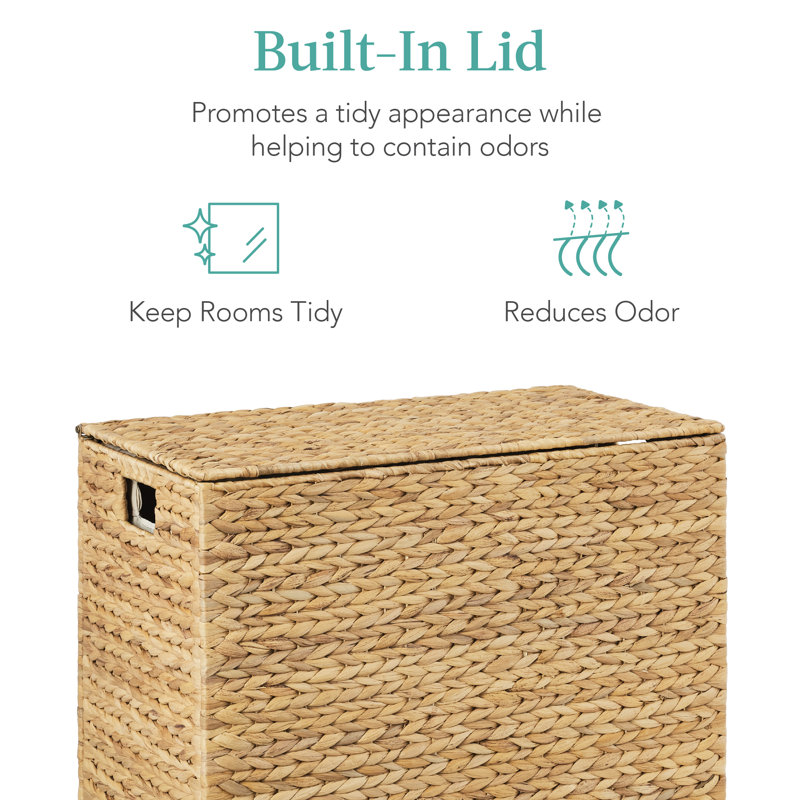 Large Water Hyacinth Double Laundry Hamper Basket w/ 2 Liner Bags, Handles, Natural