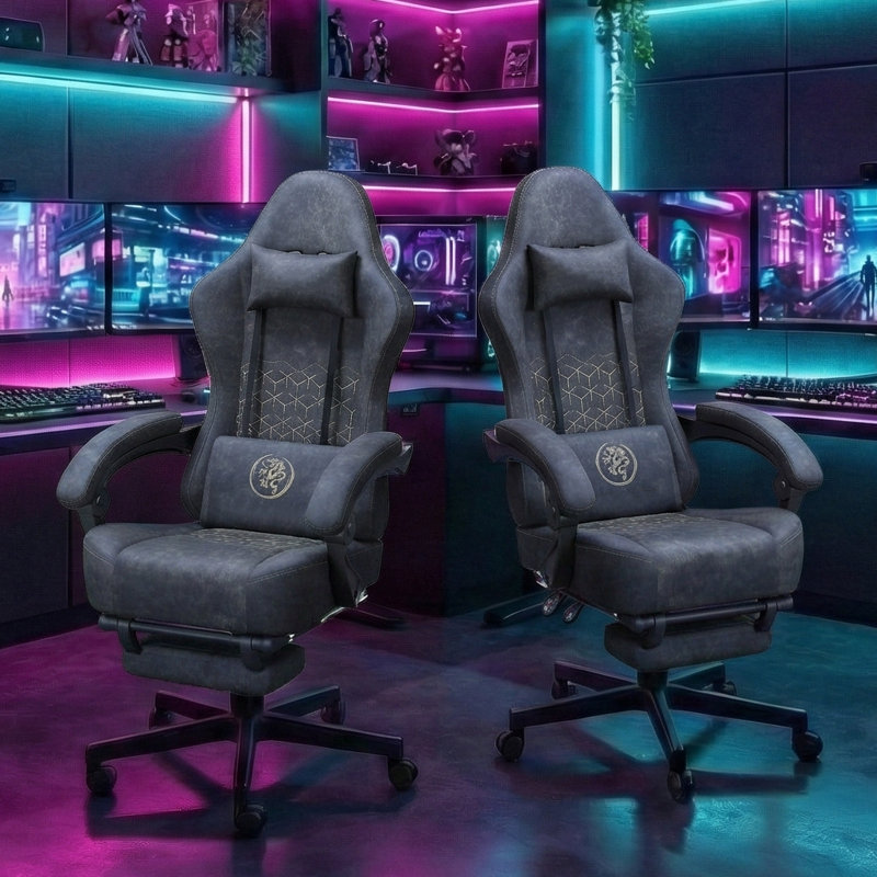 Adjustable Reclining Ergonomic Faux Leather Swiveling PC & Racing Game Chair Set Of 2, Gray