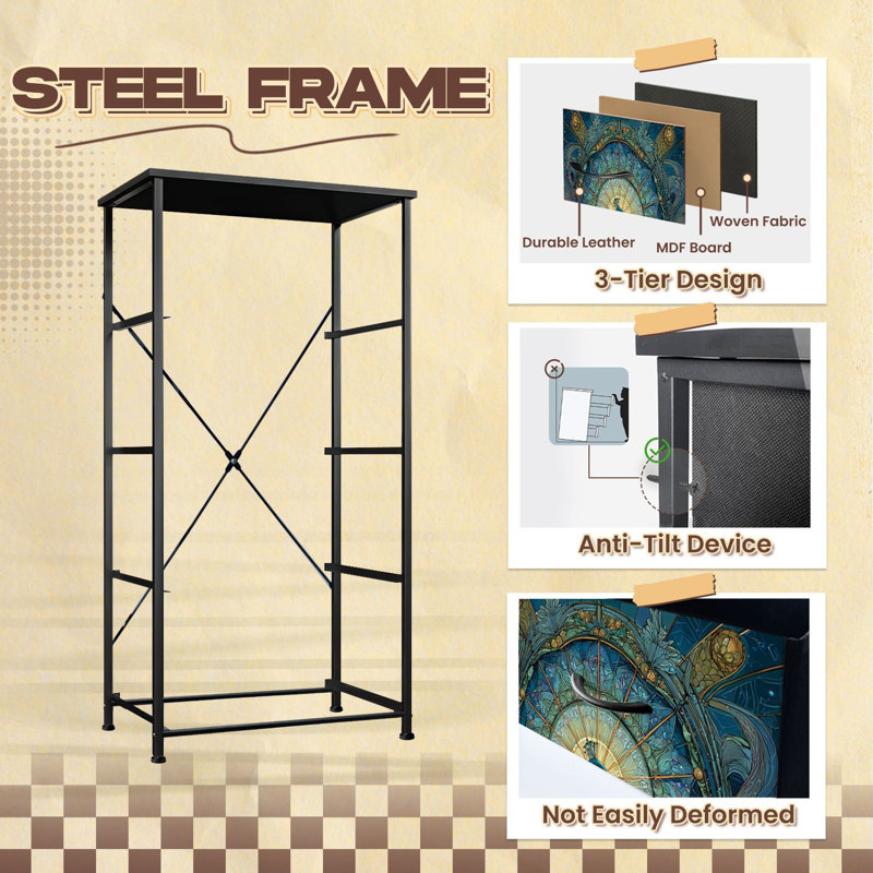 Commode de style vitrail pour la chambre à coucher avec 4 tiroirs de rangement Vitrail teinté bleu paon Commodes de commode en acier avec cadre en acier pour vestibule