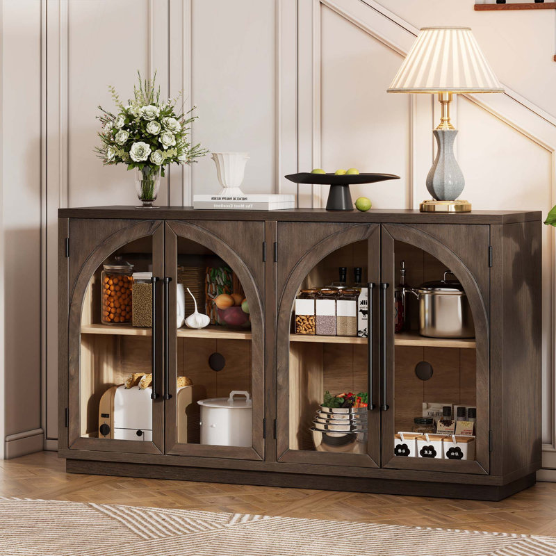 4-Door Large Storage Sideboard Buffet Cabinet With Glass Doors, Arched Cabinet With Adjustable Shelves For Kitchen, Dining Room And Living Room