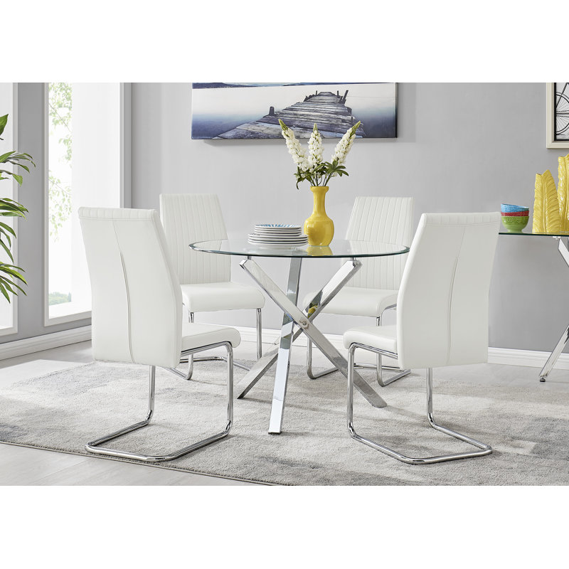 Seline Modern Round Dining Table Set in Glass and Chrome with 4 Upholstered Faux Leather Chairs, White