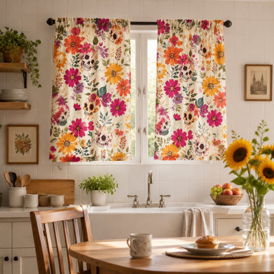 2Pcs Skull Floral Curtains, Day of the Dead Inspired Art Nouveau Soft Fabric Drapes, Vintage Bohemian Tropical Flower Rod Pocket Window Treatments for Living Room Bedroom Kitchen Patio Decor,