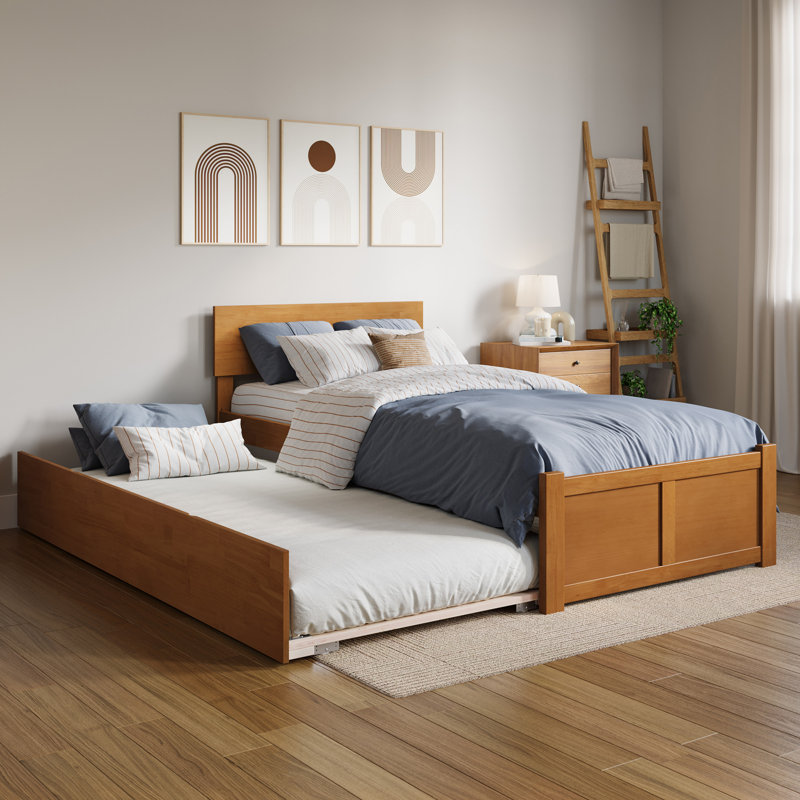 Orlando Solid Wood Platform Bed with Panel Footboard & Trundle, Extra-long Twin