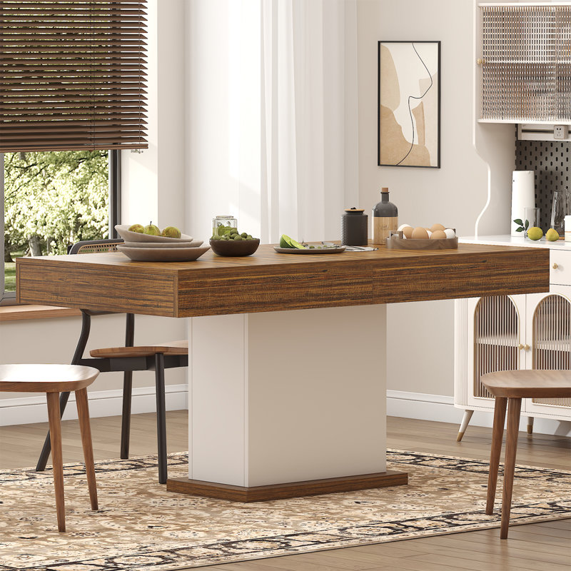 Table de salle à manger avec 2 tiroirs, table de cuisine rectangulaire moderne pour 6 personnes, tables de salle à manger longues avec bandes à DEL pour le salon de la cuisine (blanc et brun rustique)