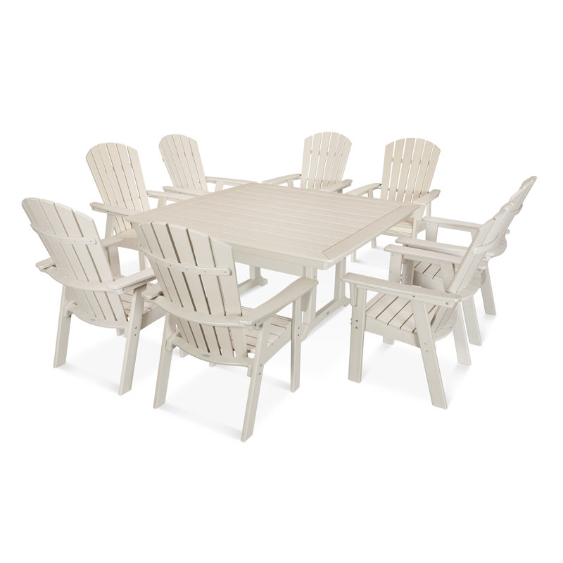 POLYWOOD Nautical Curveback Adirondack 7-Piece Dining Set with Trestle Legs, Sand, 7 Pieces: Table, 6 Chairs