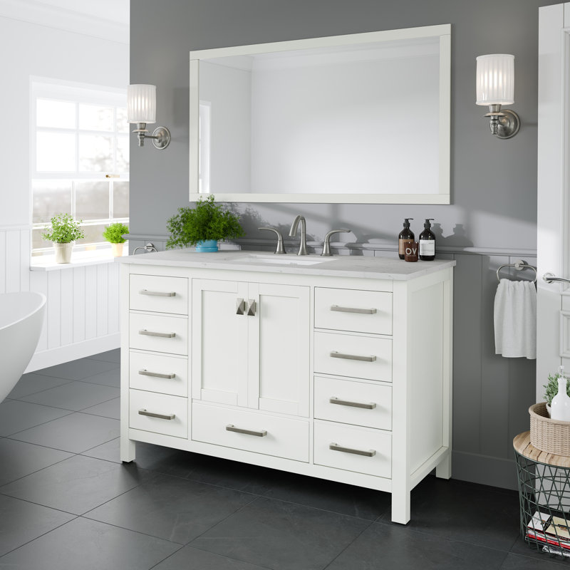 Minnich 48"W x 22"D Bathroom Vanity with Undermount Porcelain Sink, White, Quartz - White Carrara