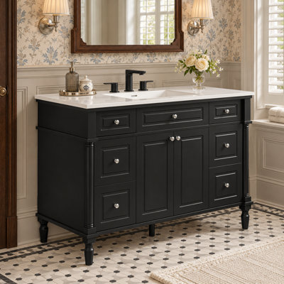 47.8" Modern Vintage Freestanding Bathroom Vanity with Resin Sink Top, 2 Doors, and 6 Drawers - Solid Wood Legs, Soft-Close Hinges