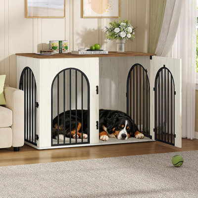 Meuble télé en bois pour caisse de chien, chenil d'intérieur pour petits / moyens / grands chiens, caisses de bout de table d'appoint, anti-mâcher, anti-évasion, porte arquée, blanc / brun