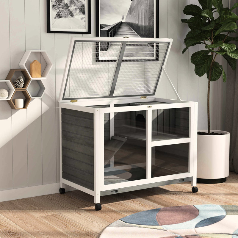 Cage à roulettes grise avec roulettes - Dimensions du bureau et de la table d'appoint. Bois imperméable pour 1 ou 2 lapins nains. 36 po de longueur x 21 po de largeur et 28,75 po de hauteur. Capacité de transport réglable sans effort