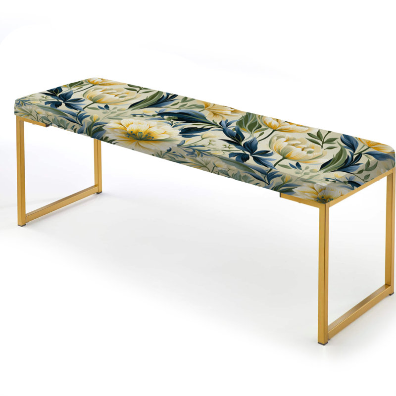 Floral Upholstered Gold Bench, Yellow And Green Botanical Ikat Haven