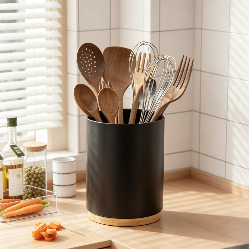 Porte-ustensiles rotatifs à 360° en bambou pour comptoir, grand pot de rangement en bois naturel pour spatules et autres ustensiles de cuisine.