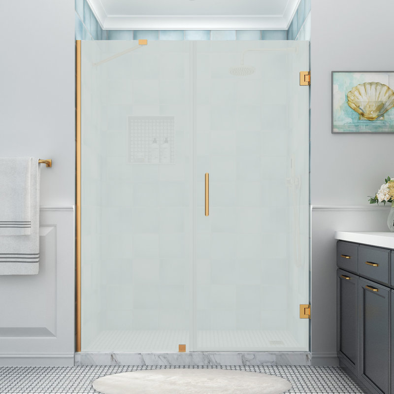 Belmore XL 68.25 - 69.25 in. x 80 in. Frameless Hinged Shower Door with Ultra-Bright Glass, Brushed Gold, Frosted Glass