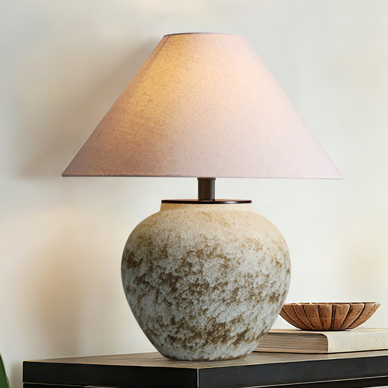 Handmade Rustic Ceramic Table Lamp With Linen Shade, Vintage Farmhouse Bedside Accent Lamp With Free LED Bulb