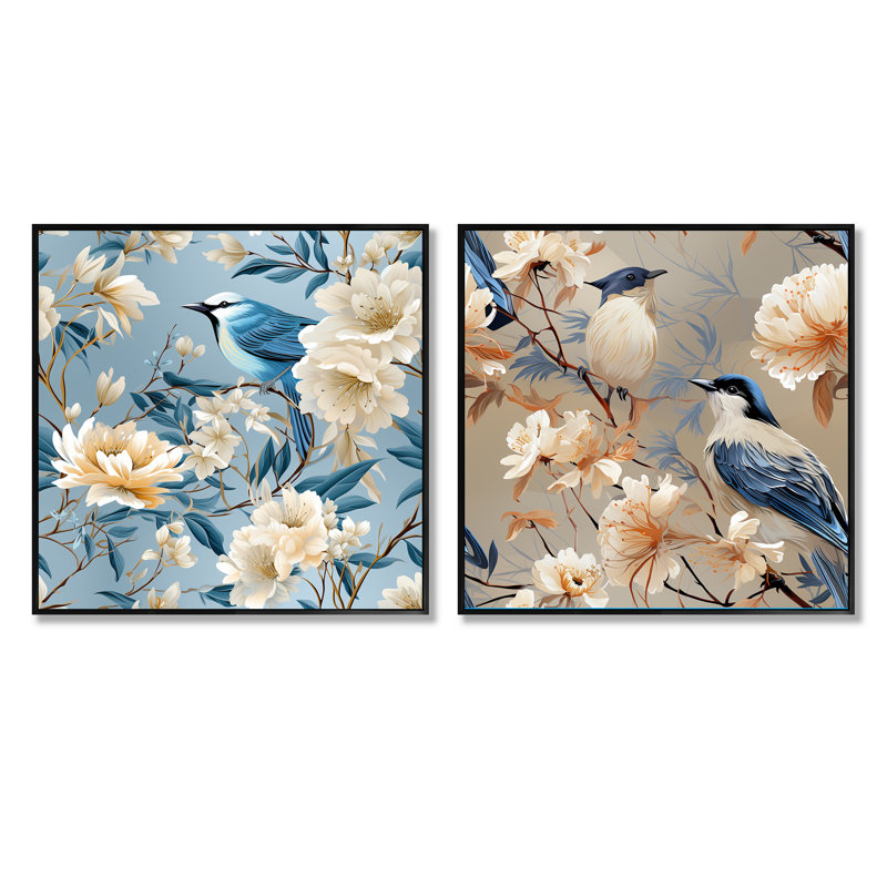 Marouane - Ensemble de 2 collages floraux carrés, Cadre flottant noir, H 16 po x l 33 po