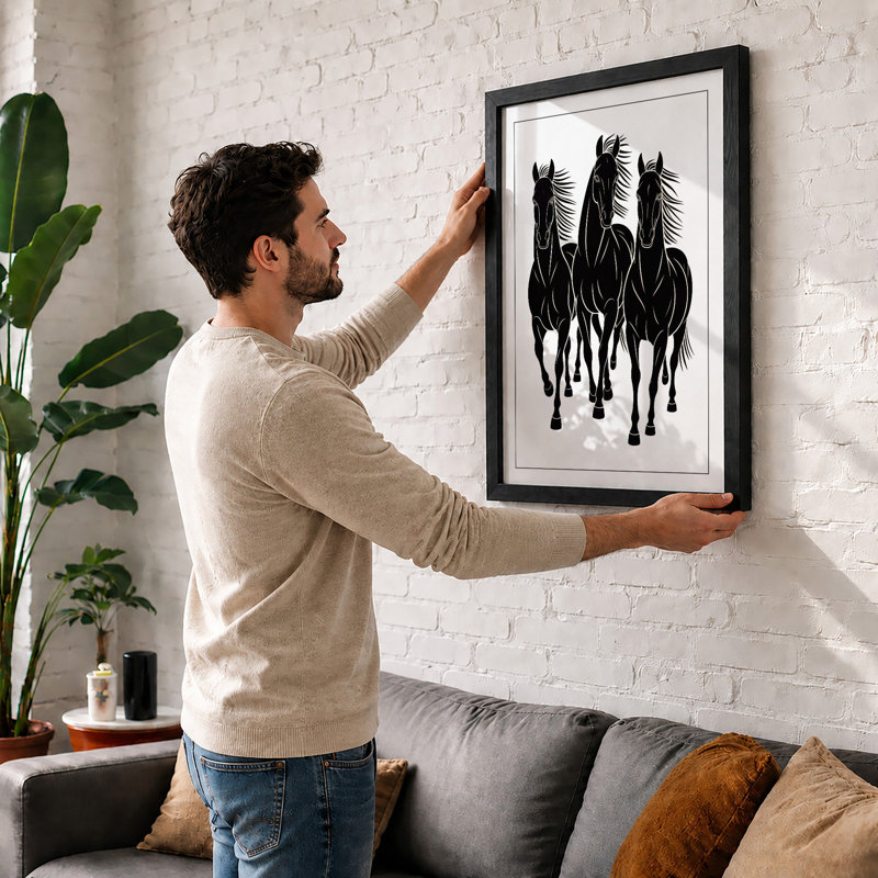 Three Horses in Motion Modern - Framed Print, A2 - 59.4 x 42.0 cm, Walnut