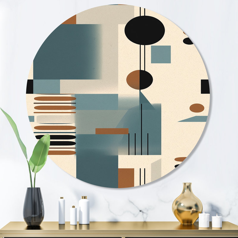 Crème bleu géométrique calme profonds I - Minimalisme abstrait, art mural rond sur métal, H 36 po x l 36 po x P 1 po