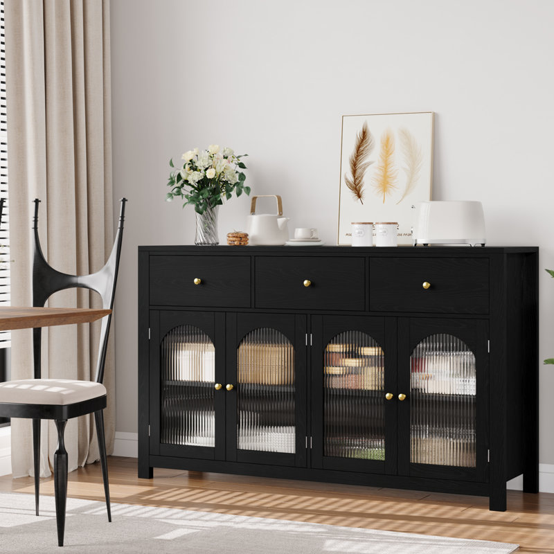 ☕ Bonnetta 55.1"W Modern Buffet Sideboard with Fluted Doors – Storage Cabinet with Drawers & Adjustable Shelves, Coffee Bar Console Table, Credenza for Living Room, Dining Room, Kitchen