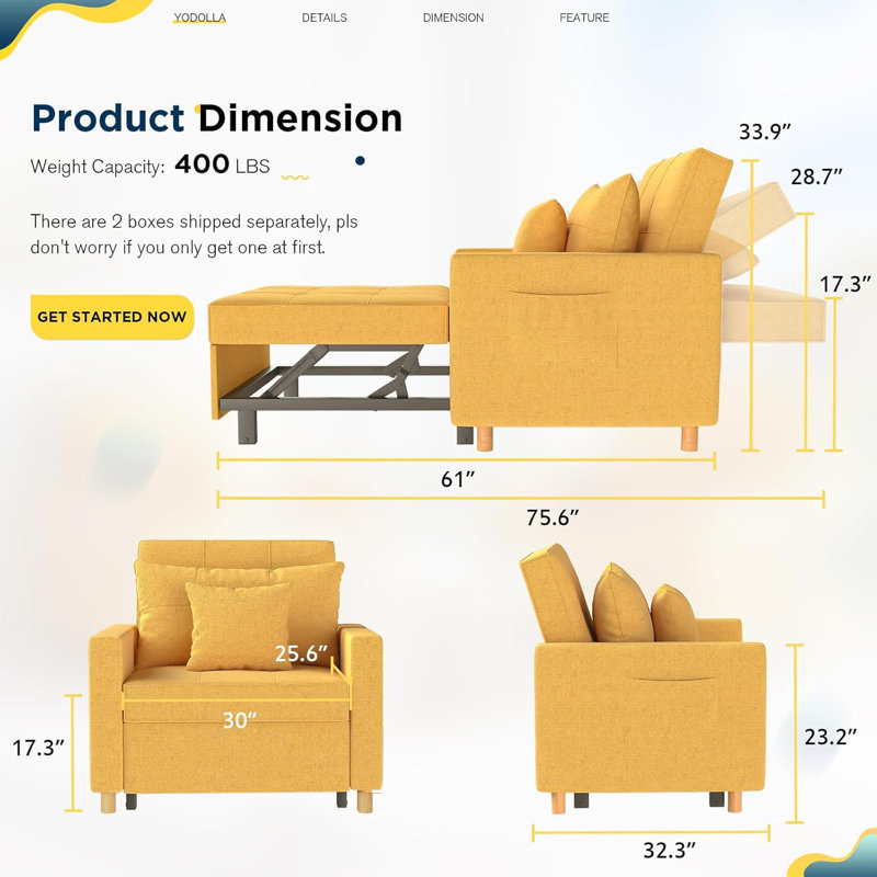 Emma-Leigh 1 Seater Fabric Accent Chairs Bed, Yellow Linen