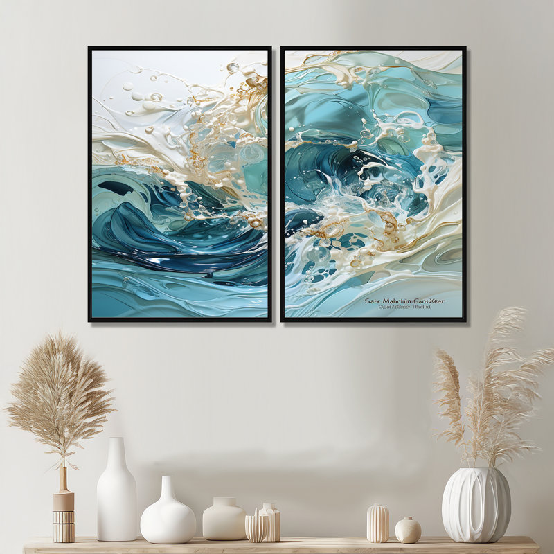 Décoration murale océan vague liquide - Turquoise, Impression encadrée flottante, Noir, H 36 po x l 48 po