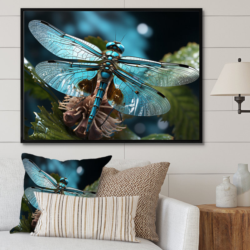 «Teal Dragonfly Airborne Jewel», reproduction d'art sur toile, H 12 po x l 20 po, Cadre flottant noir