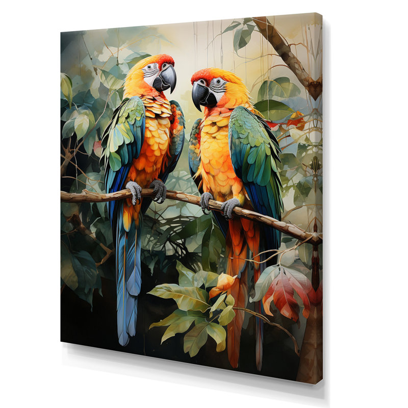 Deux perroquets sur une branche III - reproduction, H 20 po x l 12 po, Toile tendue