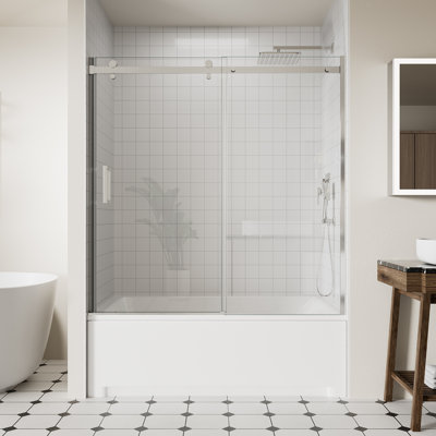 56-60" W x 58" H Frameless Bathtub Sliding Doors, Glass Shower Door for Tub with 5/16" (8mm) Clear SGCC Tempered Glass, Chrome Finish Shower Doors, Reversible Installation