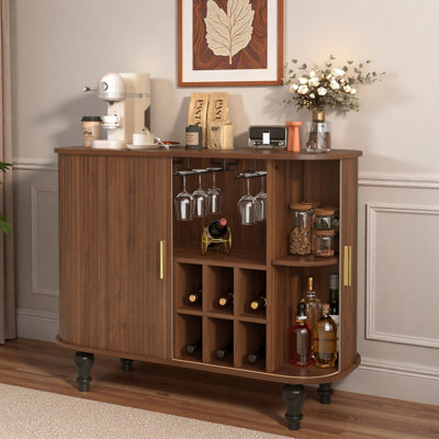 Armoire à boissons cannelée pour boissons alcoolisées et café avec 6 porte-bouteilles, 3 porte-verres, 1 grand tiroir de rangement et 4 compartiments de rangement latéraux cachés