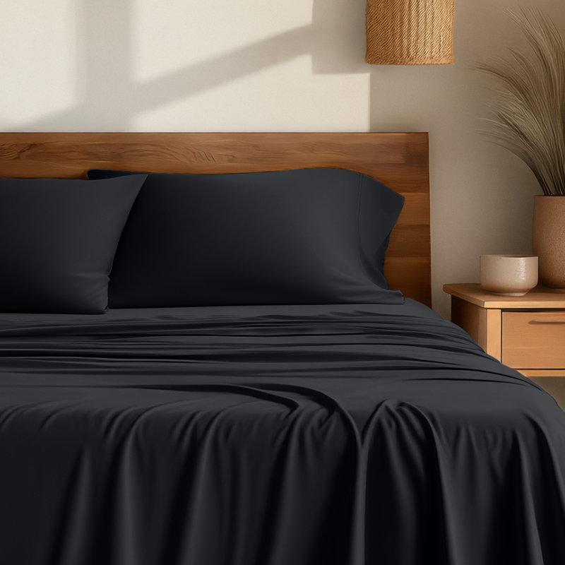 Sheet Set - Rayon from Bamboo, Black, Split Head Flex King Sheet Set with 2 Pillowcases