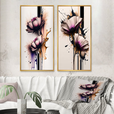 «Fleur de marguerite rose sur une fusion abstraite I», 2 pièces sur toile