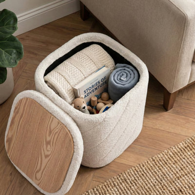 Repose-pieds carré avec rangement en chenille et couvercle capitonné, tabouret d'appoint ivoire